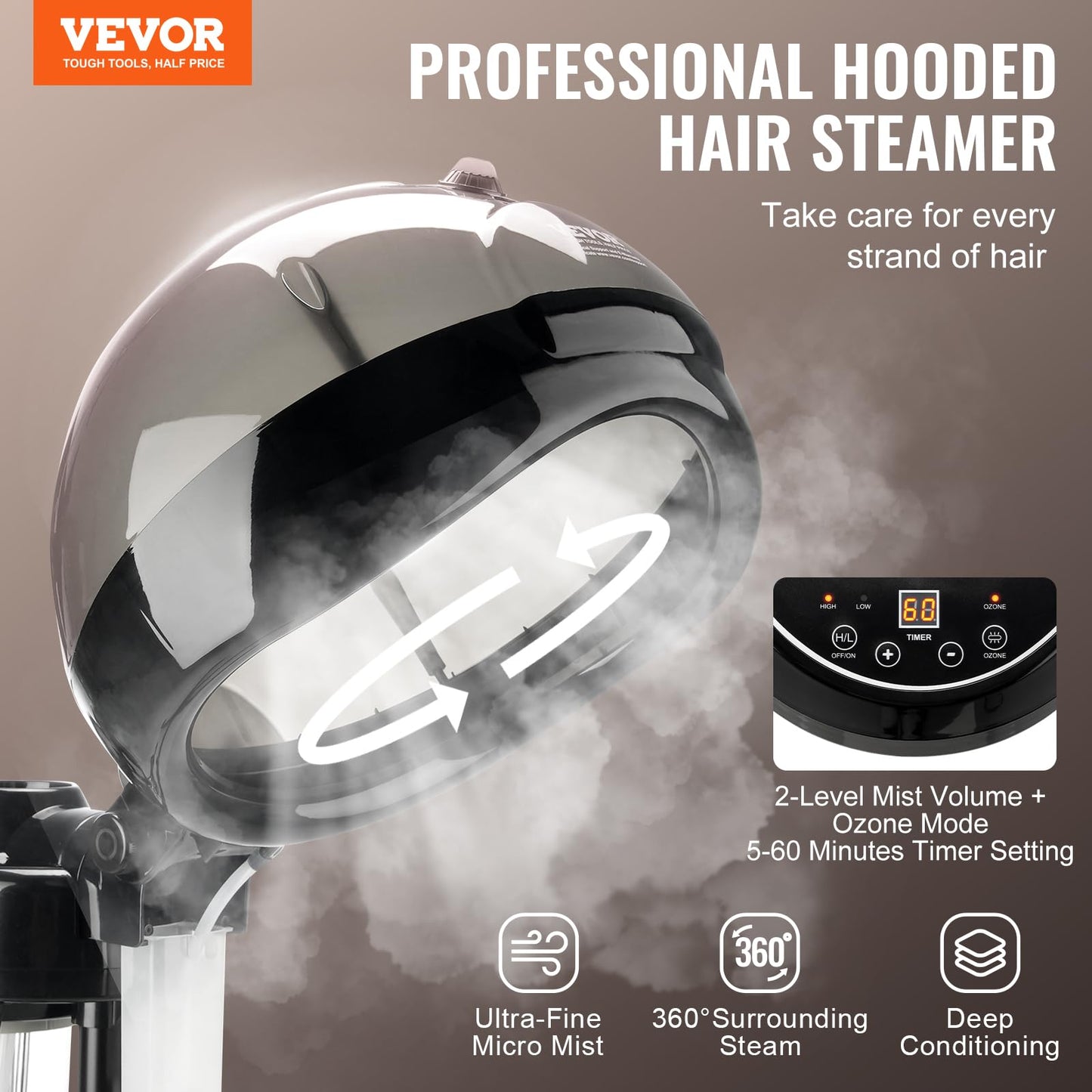VEVOR Standing Hair Steamer for Deep Conditioning, Professional 11.81-inch Hooded Ionic Hair Steamer with 2 Modes, Height-Adjustable Hair Steamer with Timer, 5 Wheels (2 Lockable) for Home Salon Use