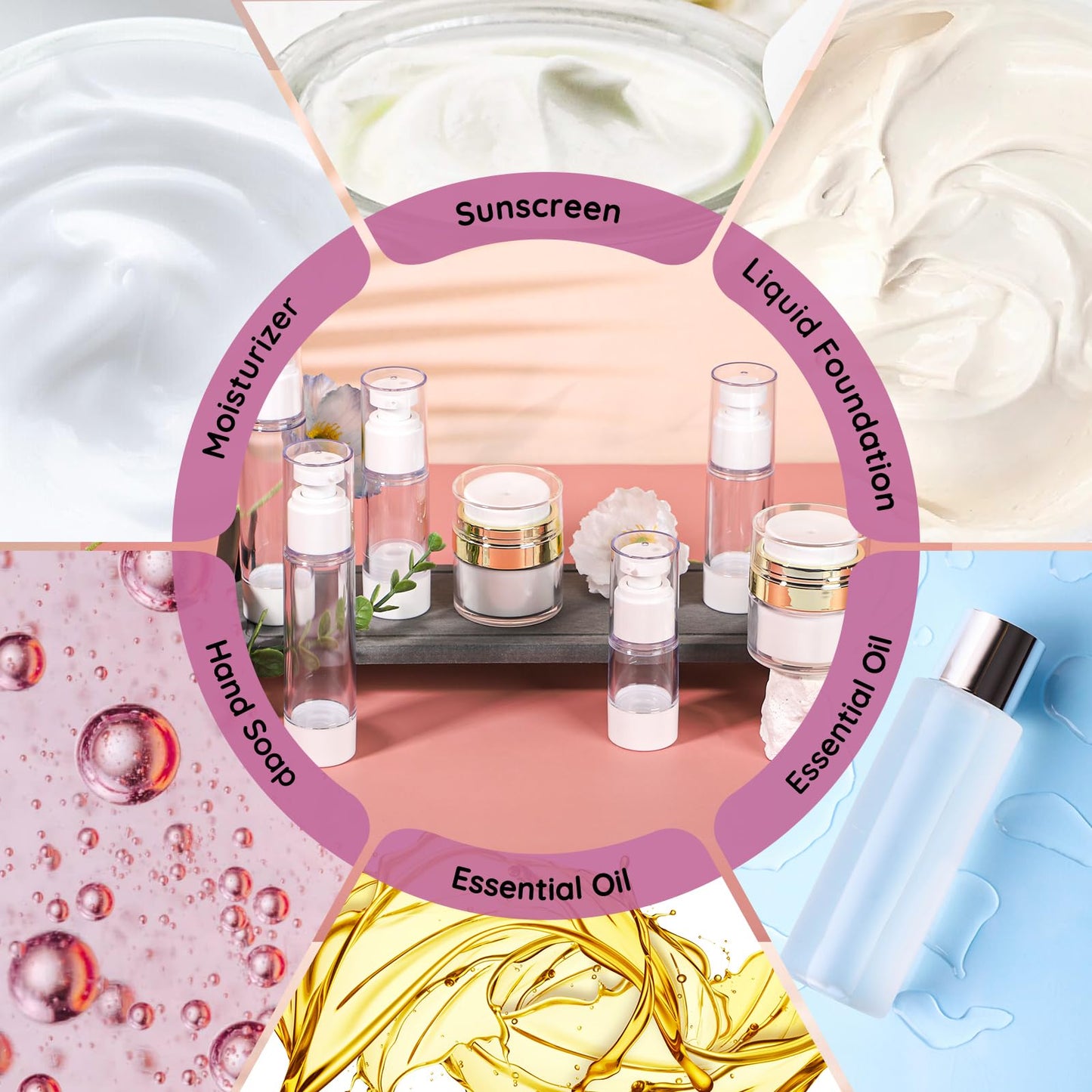 Segbeauty 7pcs Vacuum Lotion Dispenser Sprayer Set, Airless Pump Bottles Travel Size, Empty Golden Airless Pump Jar for Creams, Refillable Vacuum Fine Mist Spray Bottle Atomizer 0.5oz 1oz 1.7oz