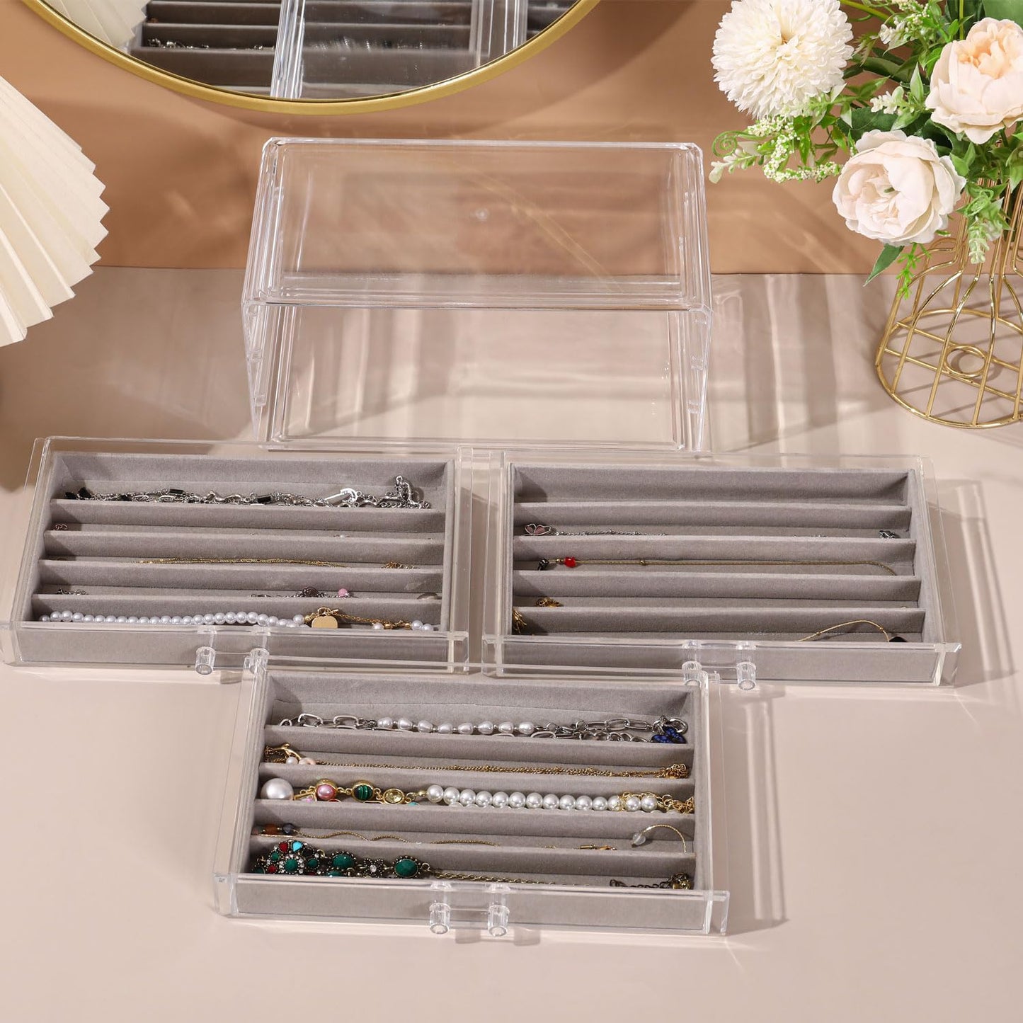 CLUQMEIK Necklace Organizer Box, Tray with Clear Lid, Dustproof Velvet Necklaces Holder Storage Display Case, Necklace Tray Drawer Insert for Pendant Suitable for Women and Girls (Grey)
