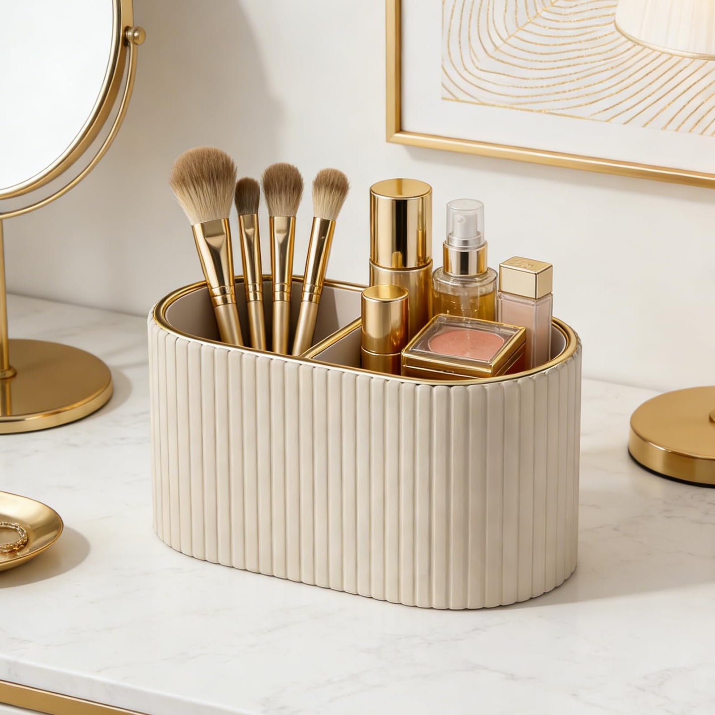 KINGFOM Makeup Brush Holder Organizer with Divider, PU Leather Vanity Brush Holder for Bathroom Countertop & Dressing Table, Cosmetic Desktop Storage Caddy for Makeup Tools Oval, Gift for Women Beige