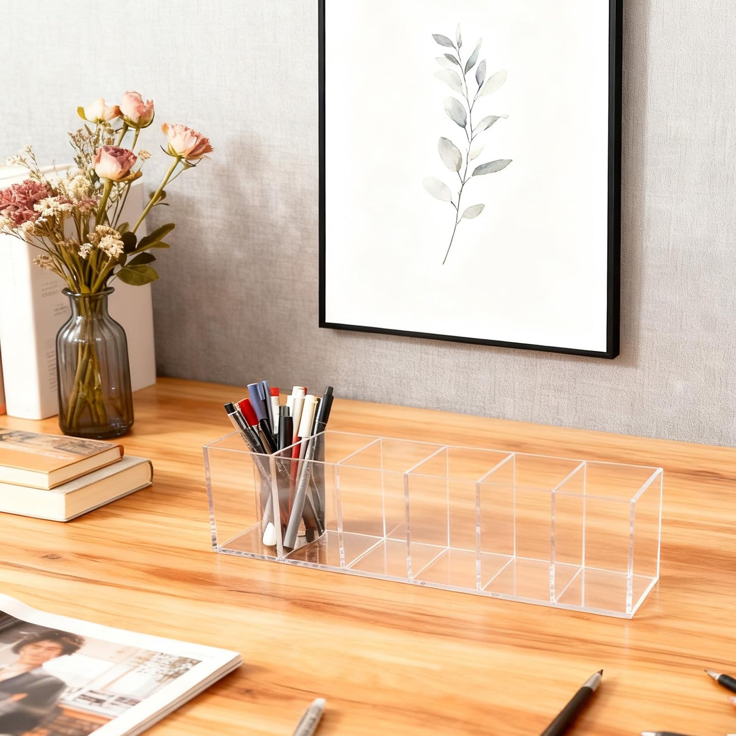 PEDOBALI 5 Pcs Clear Pencil Holder 6 Compartments Acrylic Cosmetic Brush Storage Box Pencil Cup Stationery Holder Makeup Brush Organizer for Bathroom Kitchen Dorm Office Desk Accessories