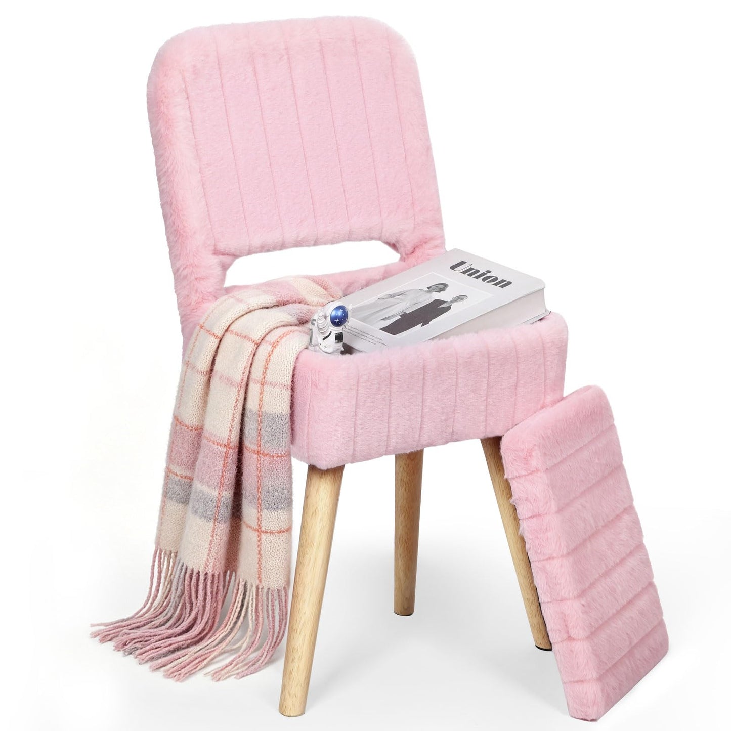 KANEODOT Vanity Stool with Storage & Folding Backrest,Faux Rabbit Fur Small Makeup Chair with 4 Solid Wood Legs,11.4" D x 14.9" W x 28.7" H,Soft Ottoman for Living Room,Bedroom,Closet,Pink