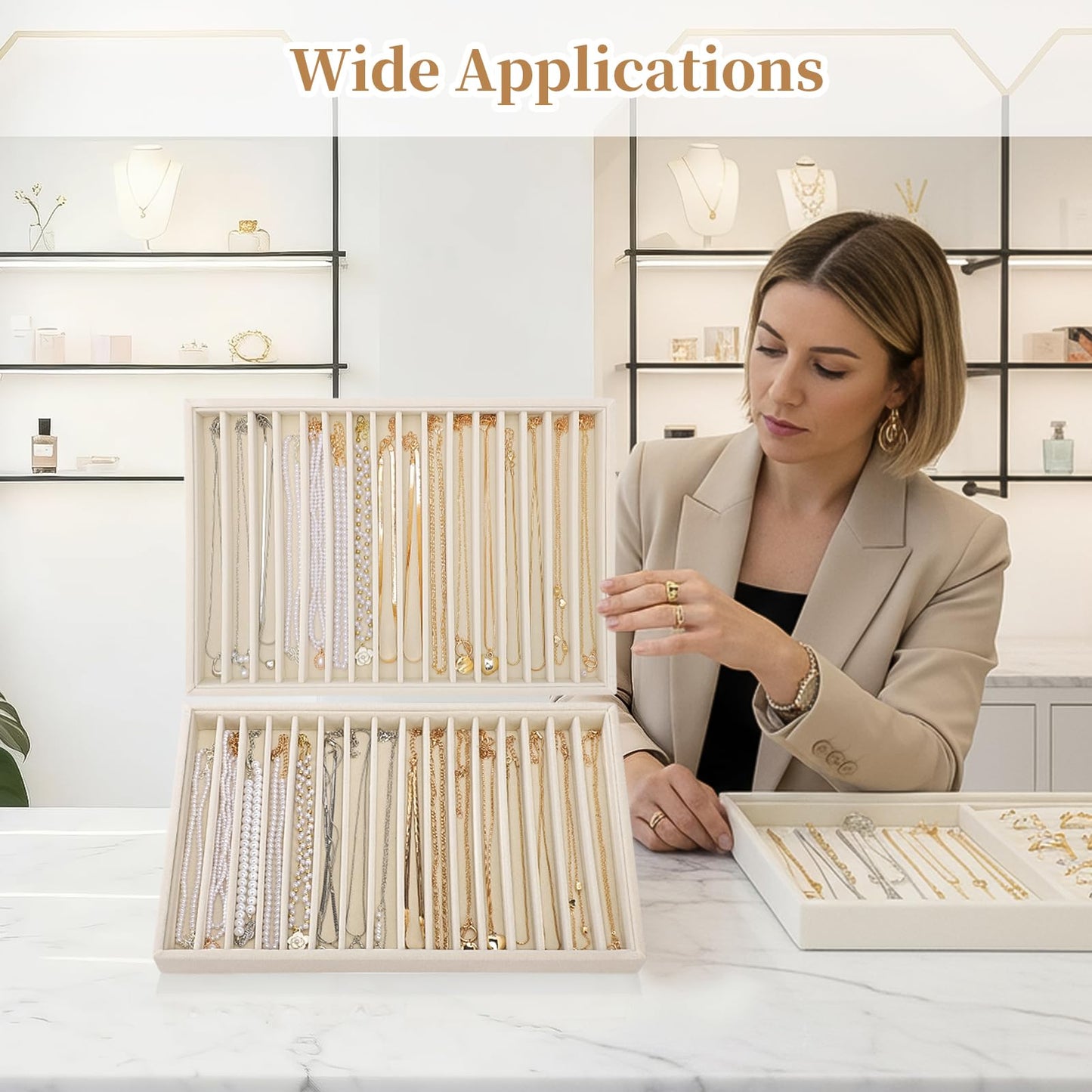 Ewen 2 Pack 16-Grid Stackable Jewelry Organizers and Storage Trays, Large Jewelry Organizer Drawers Inserts, 13.78x9.45x1.18in Beige Velvet Necklace Holder Display Case for Earrings Rings Organization