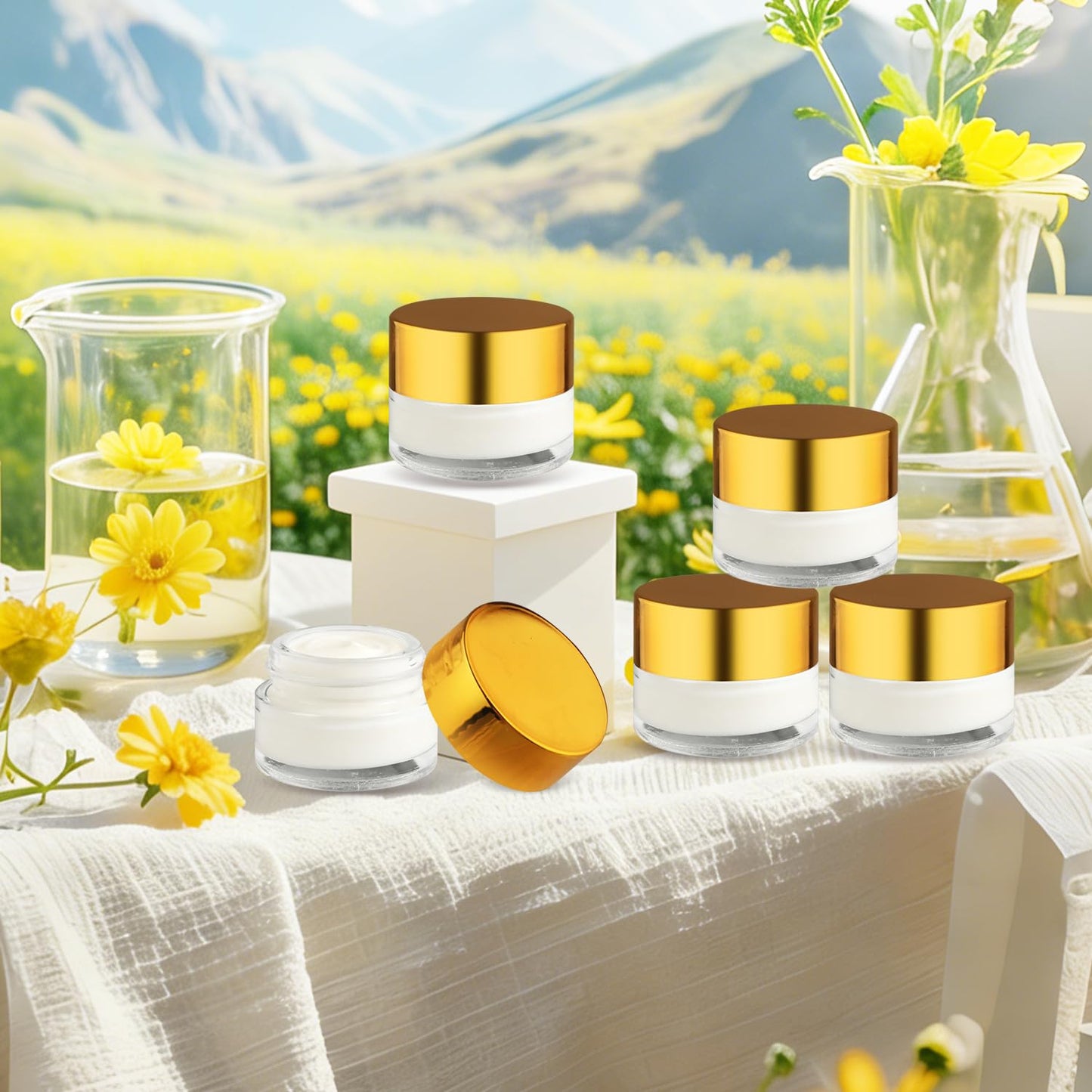 24 Pcs Clear Glass Jars Refillable Cosmetic Containers Empty Round Storage with Gold Color Lids for Eye Cream Lotion Spice Powder Liquid Sample Make Up - 5g/0.17oz