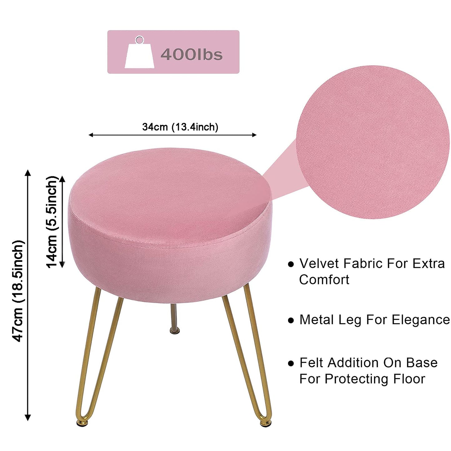 GERANT Multifunctional Vanity Stools - Velvet Round Ottoman Modern Dressing Stool -Upholstered Footrest Stool - Side Table Footstool with Golden Metal Leg for Living Room, Bedroom (Pink)