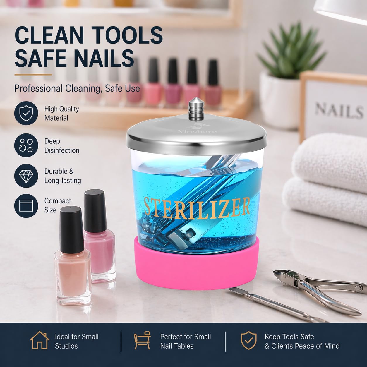 Xinshare Nail Tool Disinfectant Jar, 6Oz Glass Durable Manicure Pedicure Implements Sterilizer Container,Salon Storage & Organizer for Nail Art Tools Beauty Centers Equipment Cleaning,Hot Pink
