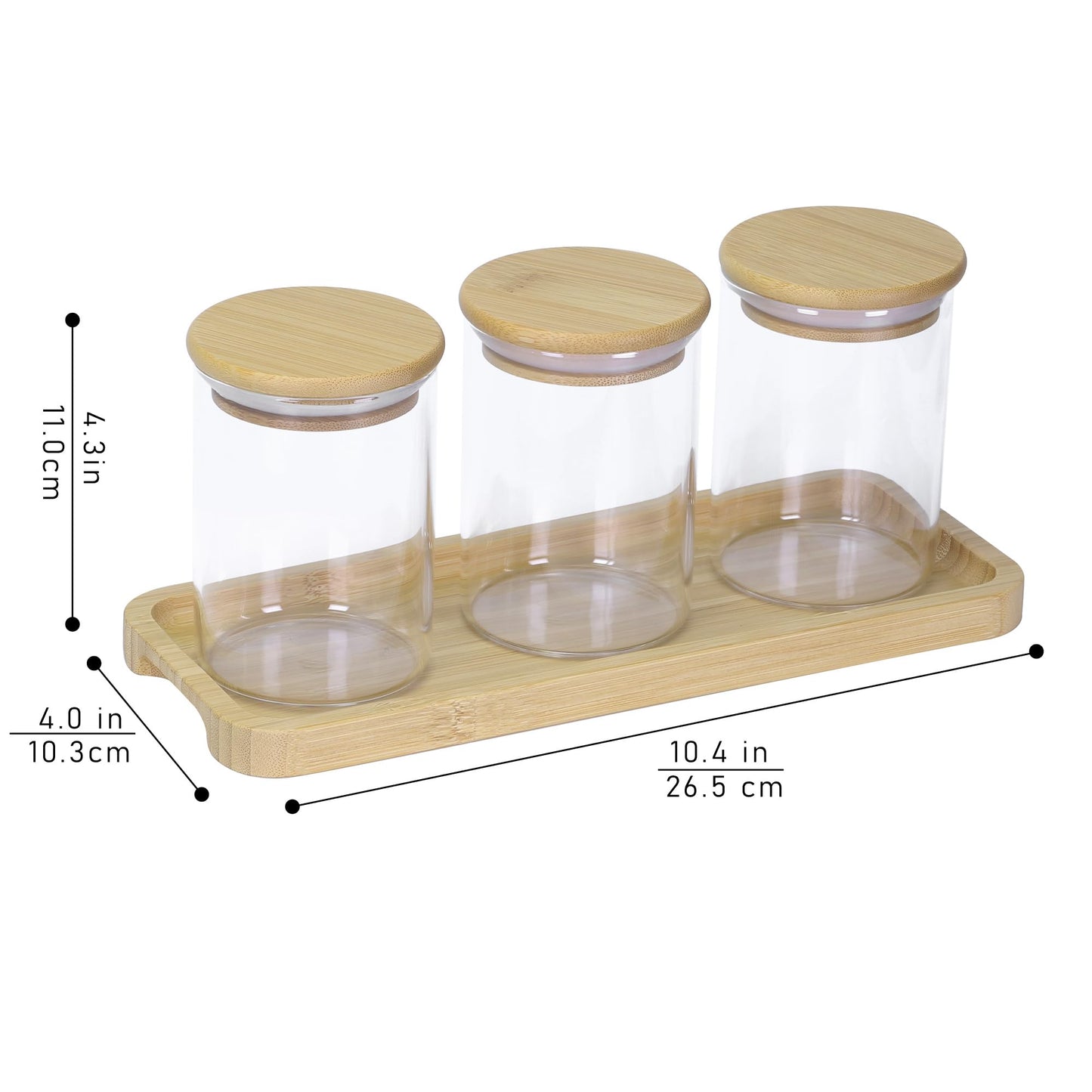 INIUNIK Qtip Holder with Vanity Tray - 3 Pack Glass Apothecary Jars with Lids, Cotton Ball Swab Pad Floss Pick Holder, Bathroom Organizers Jars Containers Canisters Accessories Set