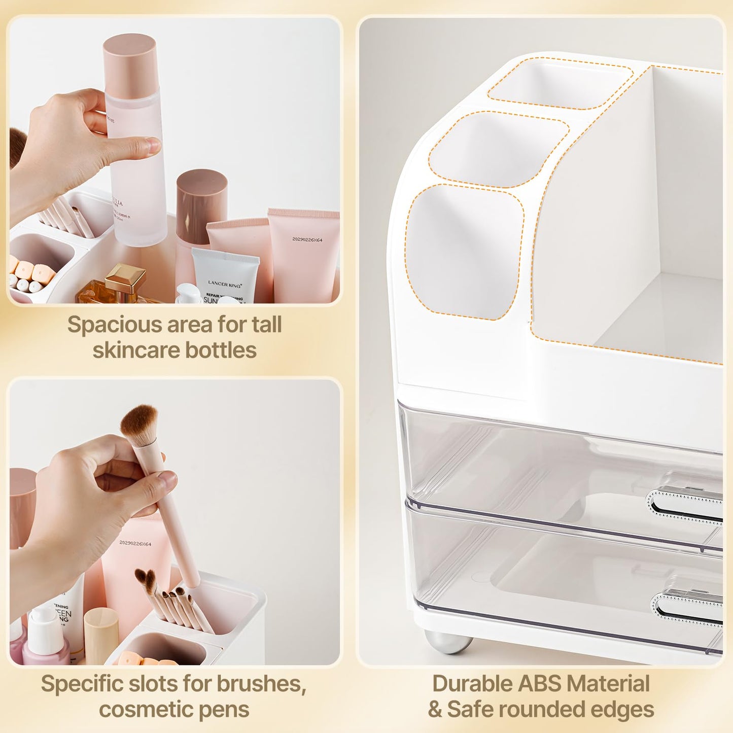 Makeup Organizer with Brush Holder, Makeup Organizer Countertop with 2 Drawers, Make up Organizers for Vanity, Vanity Organizer, Makeup Storage For Skin Cares,Makeup Brushes,Lipsticks,Perfumes(White)