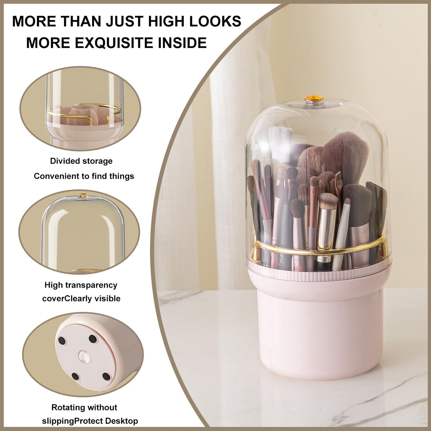 THE LIMIT 360 Degree Rotating Makeup Organizer Box, Dustproof Waterproof, 6 Compartments, Covered Brush Holder, Moisture-Proof, Fits Long Makeup Products, Easy Storage, Large Capacity (Pink)