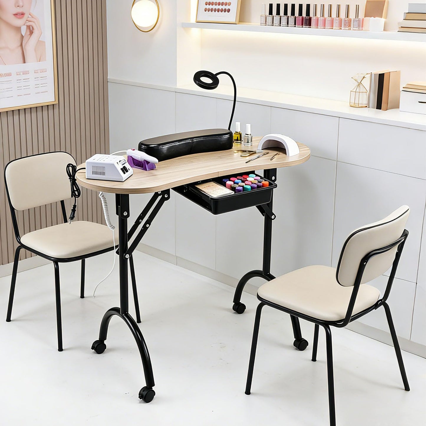 Joligrace Professional Foldable & Portable Manicure Table Nail Technician Desk Workstation 4 Lockable Wheels with Drawer Client Wrist Pad Free Carrying Bag Travel Nail Tech Spa Beauty Table Wooden