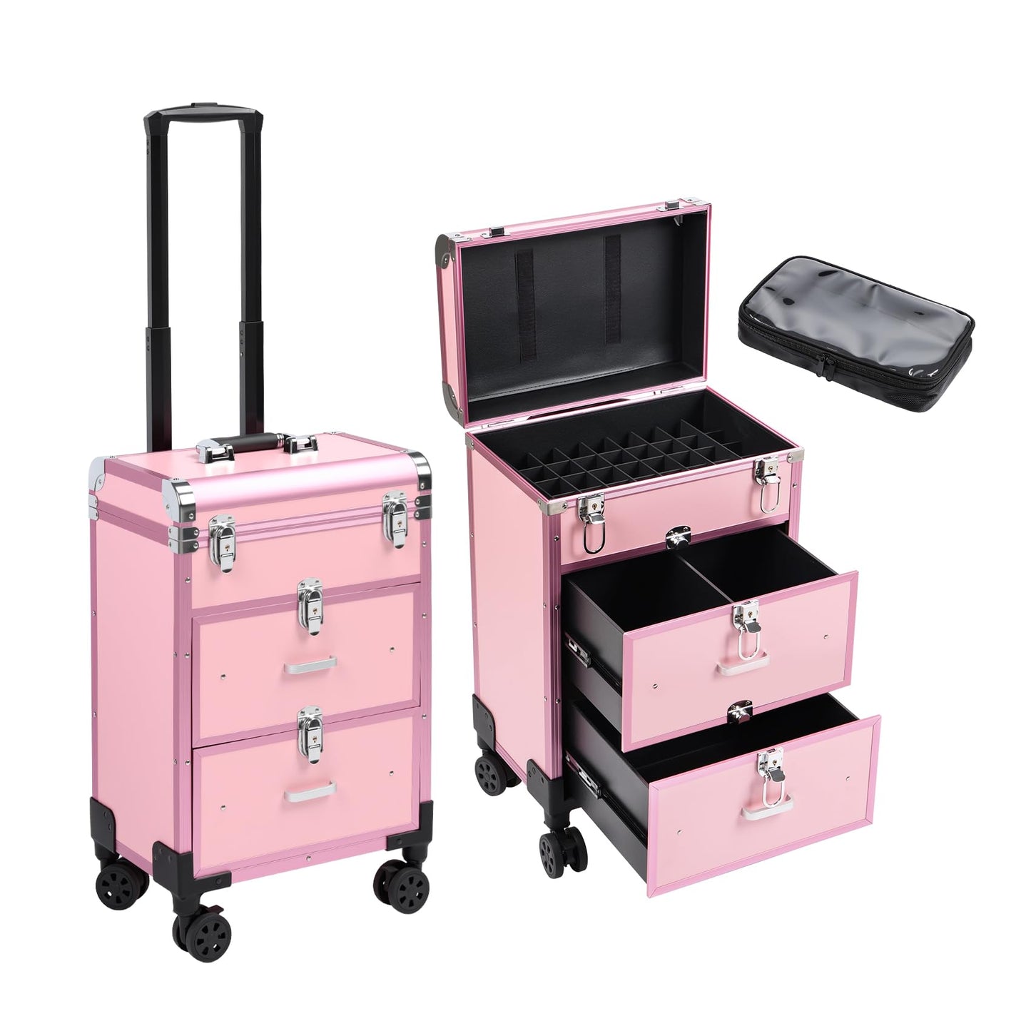 3 in 1 Rolling Makeup Case, Professional Cosmetology Case on Wheels, Detachable Clear Makeup Bag & Nail Polish Organizer, Portable Makeup Trolley with Drawers for Makeup Artists & Nail Technicians