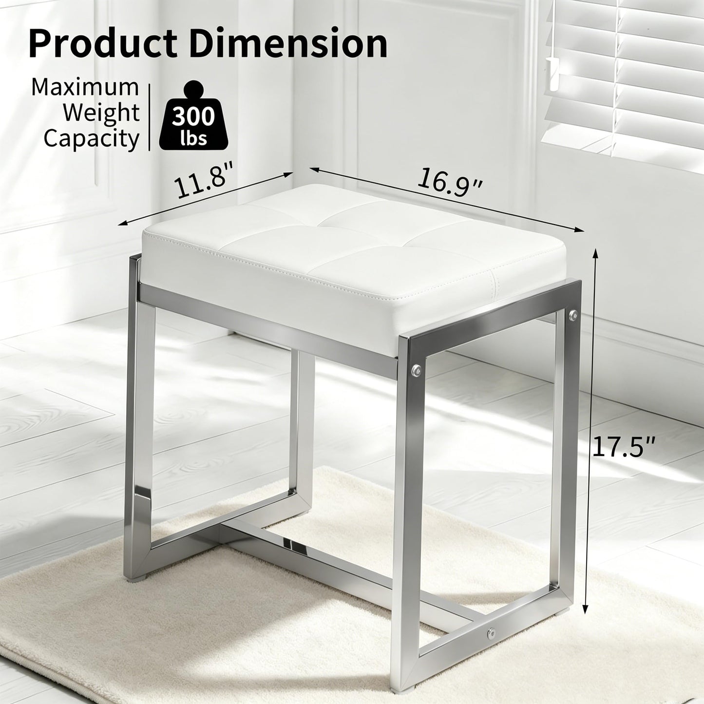 FLYZC Vanity Stool Chair, Modern PU Leather Ottoman Foot Rest for Vanity Bench with Silver Metal Legs, Multifunctional Chairs for Makeup, Bedroom, Living Room, Small Makeup Stools White&Silver