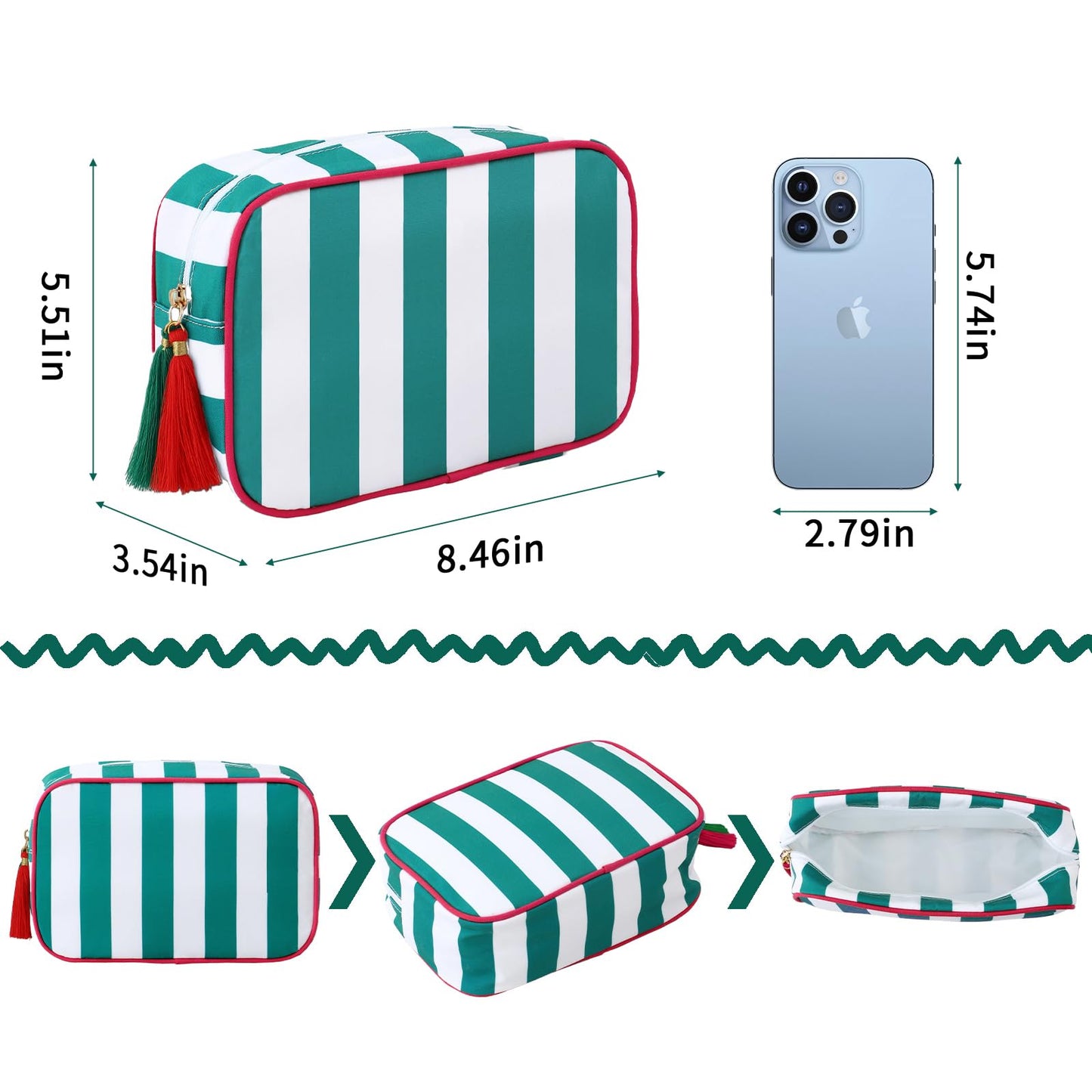 EMBRUNIOICE Stripe Makeup Bag Travel Cosmetic Bag Organizer Tassel Toiletry Bag Large Canvas Zipper Pouch and Mahjong Tile Bag (White with Green)