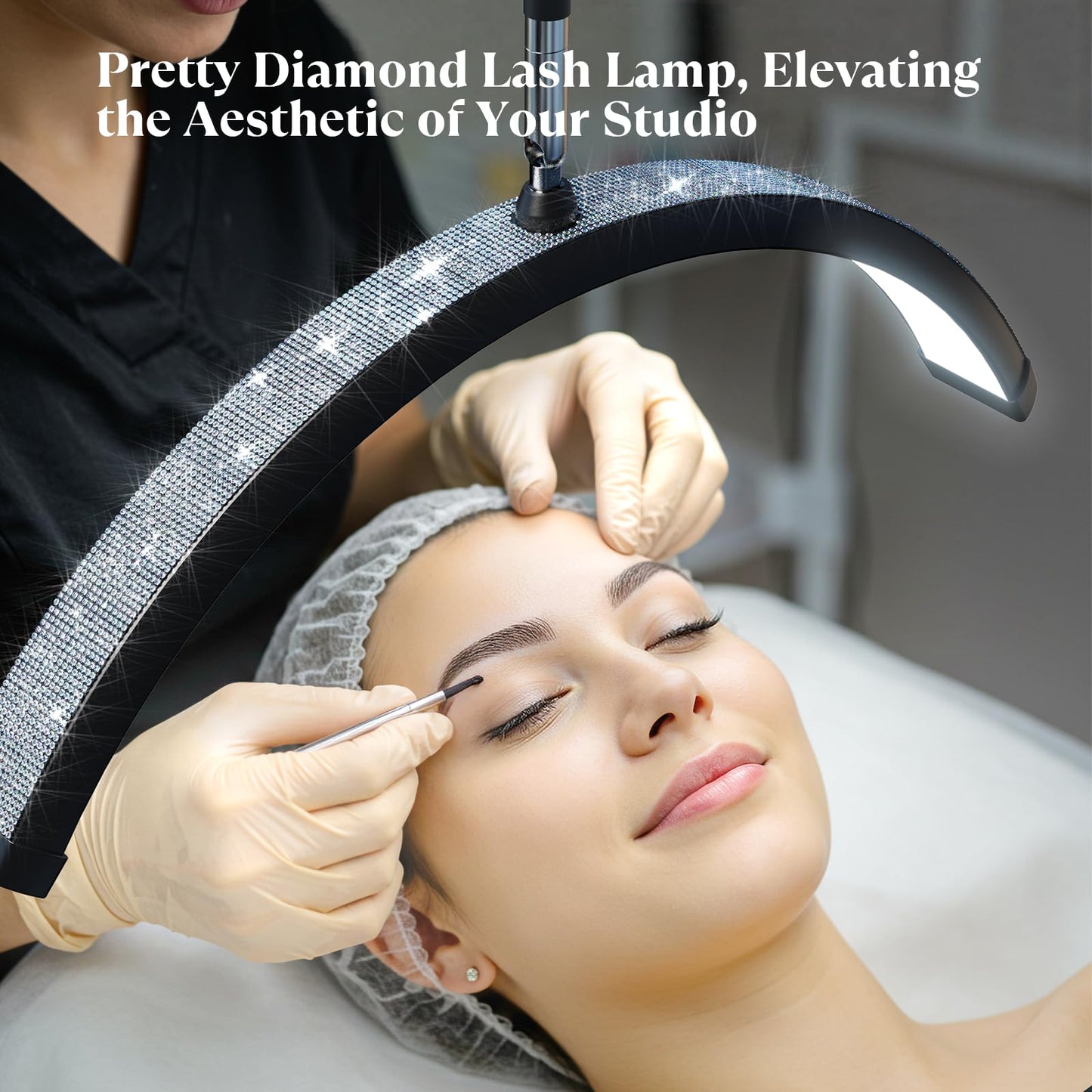 Mznoo Lash Light, 23 Inch Bling Diamond Half Moon Light for Eyelash Extensions, Nail Art, Tattoo Art and Skincare, Adjustable Color Modes and Flexible, with Tool Tray (Black)