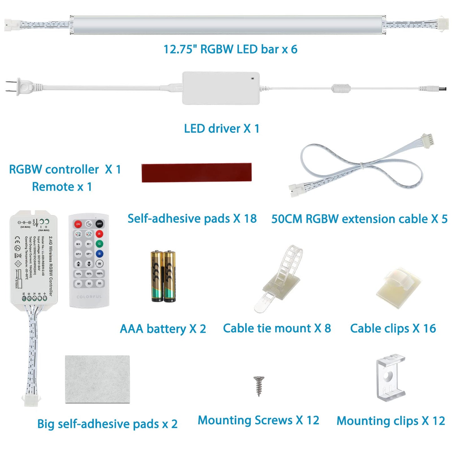 Litever Under Cabinet LED Lighting Kit. RGB Color & Bright Warm White Light. Slim Linkable LED Light Bars with Power Adapter, Controller, Extension Cords. Max 24W. Dimmable. Plug in. RGB + 3000K.