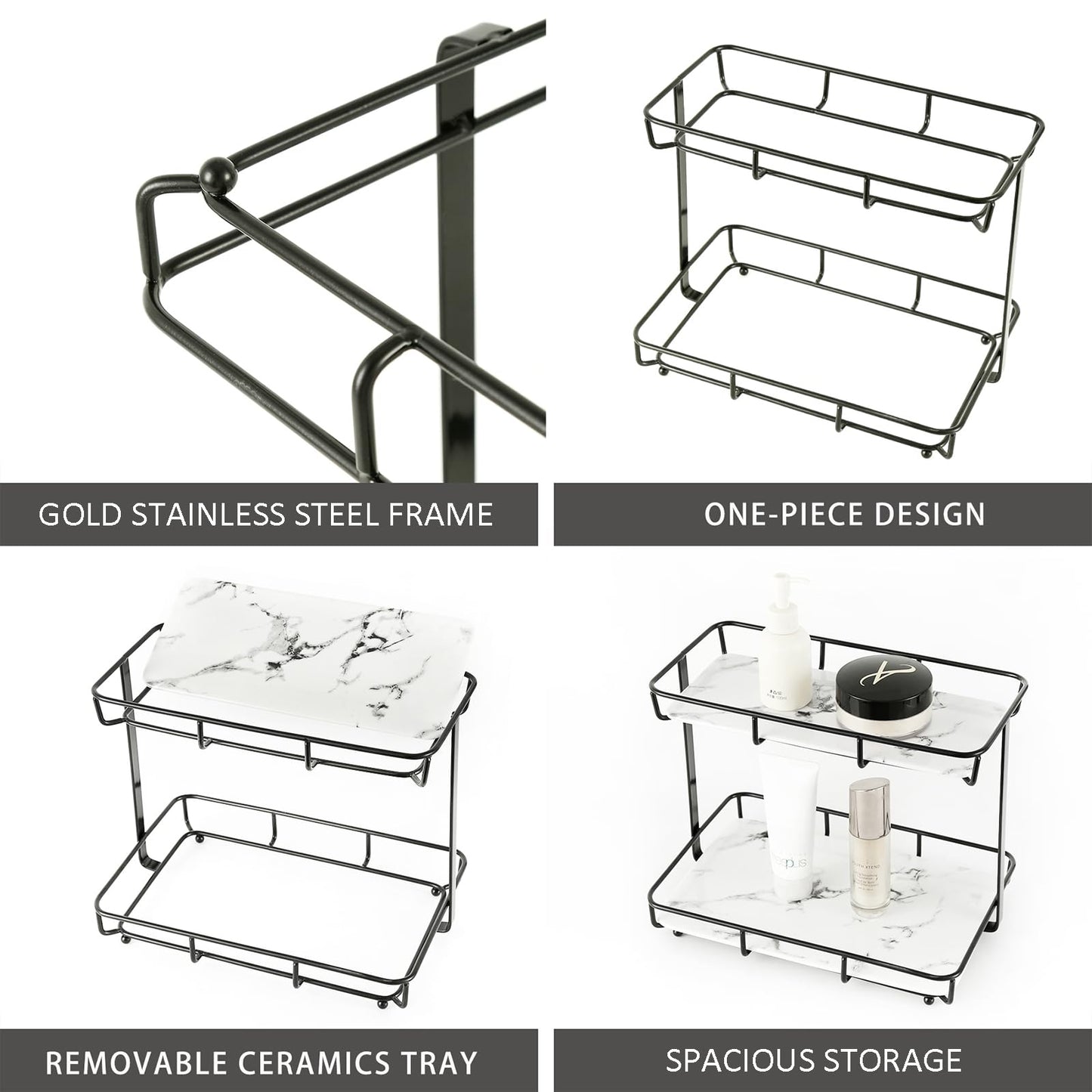 Bathroom Organizer Countertop Perfume Organizer Makeup Organizer Cosmetics Storage Display Rack Vanity Tray Dresser Stainless Steel Gold Shelf White Marble Ceramic Tray (2 Tier L-Black)