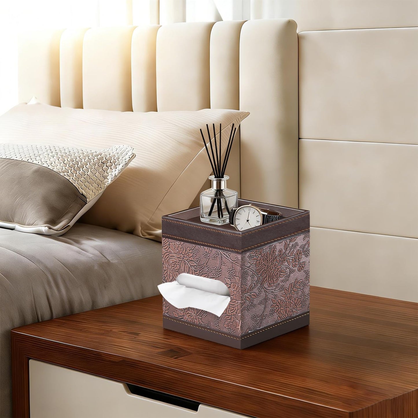 Square Tissue Box Cover with Storage Tray,PU Leather Tissue Cube Box Holder,Decorative Tissue Holders,Modern Tissues Case Napkin Dispenser Facial Paper Organizer for Bathroom Vanity