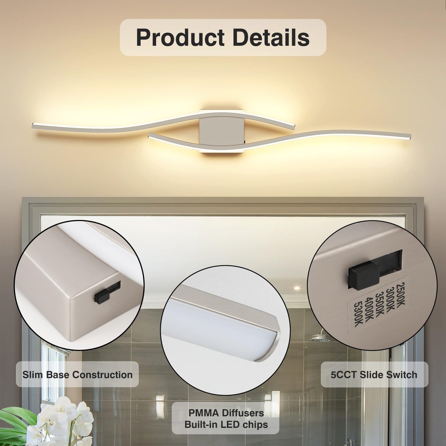 Joossnwell Bathroom Vanity Light Modern Bathroom Lighting Fixture Over Mirror Brushed Nickel 5CCT Dimmable Led Bath Vanity Light Bar 31.5 Inch