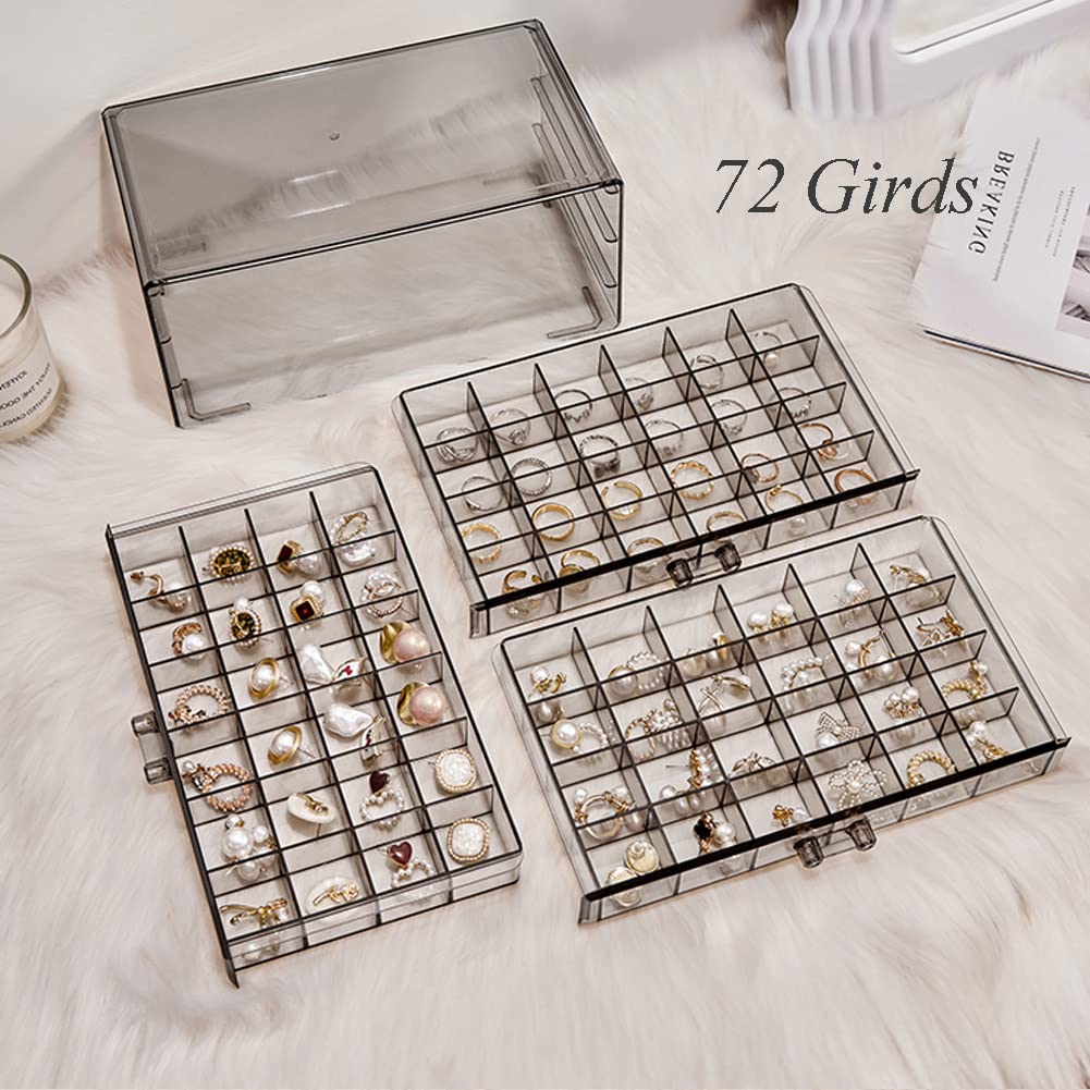YUFONG Earring Storage Box Organizer 3 Drawers Acrylic Jewelry Storage Box Holder Transparent Jewelry Display Stand with 72 Small Compartments Gift for Women Girls (Clear Black)
