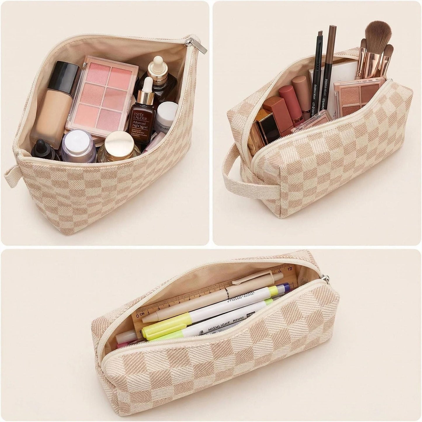 Beayuva 3 Pcs Canvas Makeup Bag Set Checkered Cosmetic Pouch for Women Travel Toiletry Bag Cute Makeup Organizer Purse Pouch Preppy Pencil Case with Zipper (Checkered Blue)