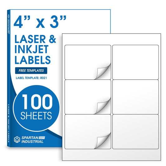 4" X 3" Matte White Printable Mailing Labels (100 Sheets, 600 Stickers) Product Packaging Stickers and Shipping Labels for Laser & Inkjet Printers - Spartan Industrial Template R021