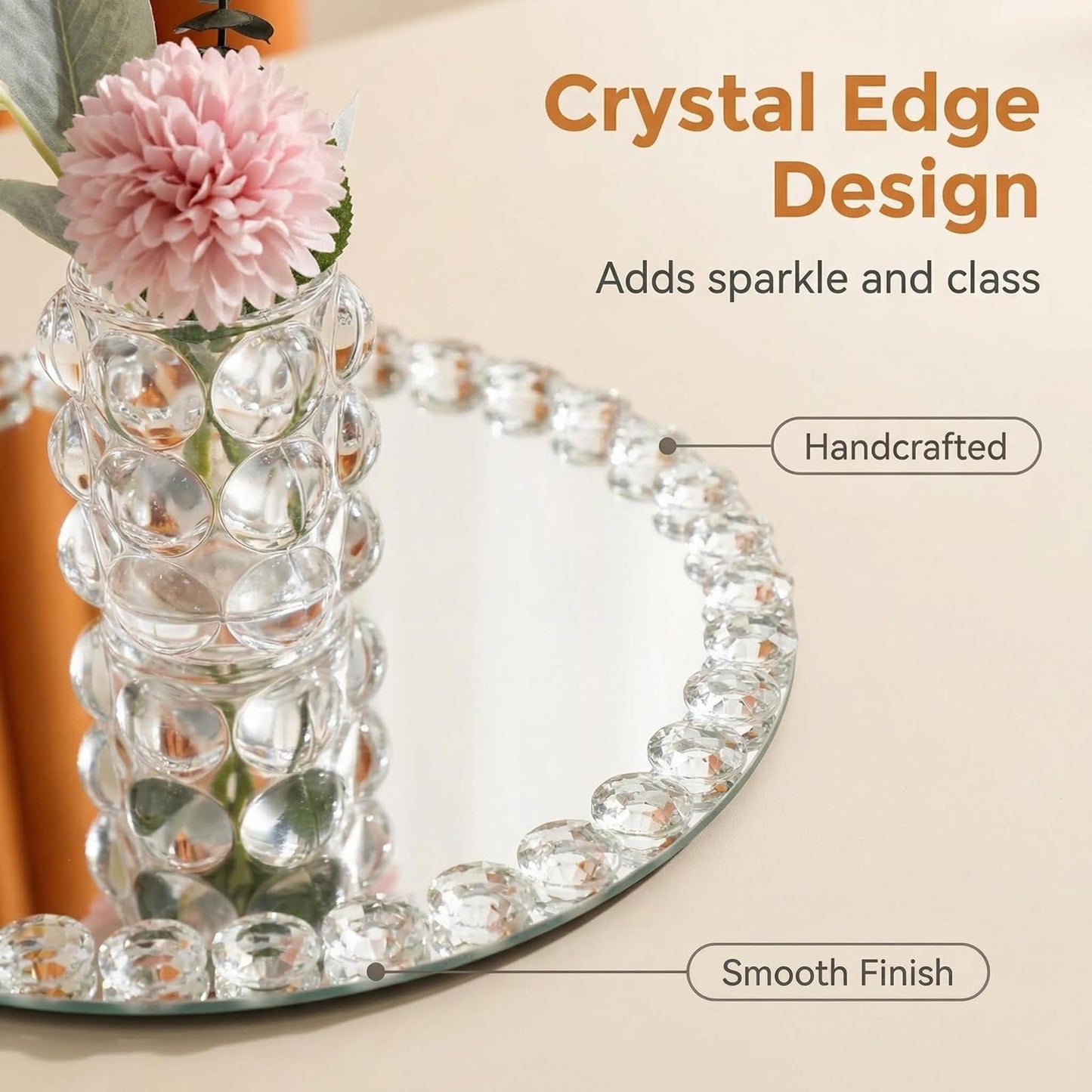 joyshiny 12-Inch Crystal Bead Mirror Tray – Vanity Organizer, Perfume & Jewelry Display, Decorative Tray for Bathroom, Dresser, Coffee Table, Living Room, Office & Hotel Banquet（Silver）