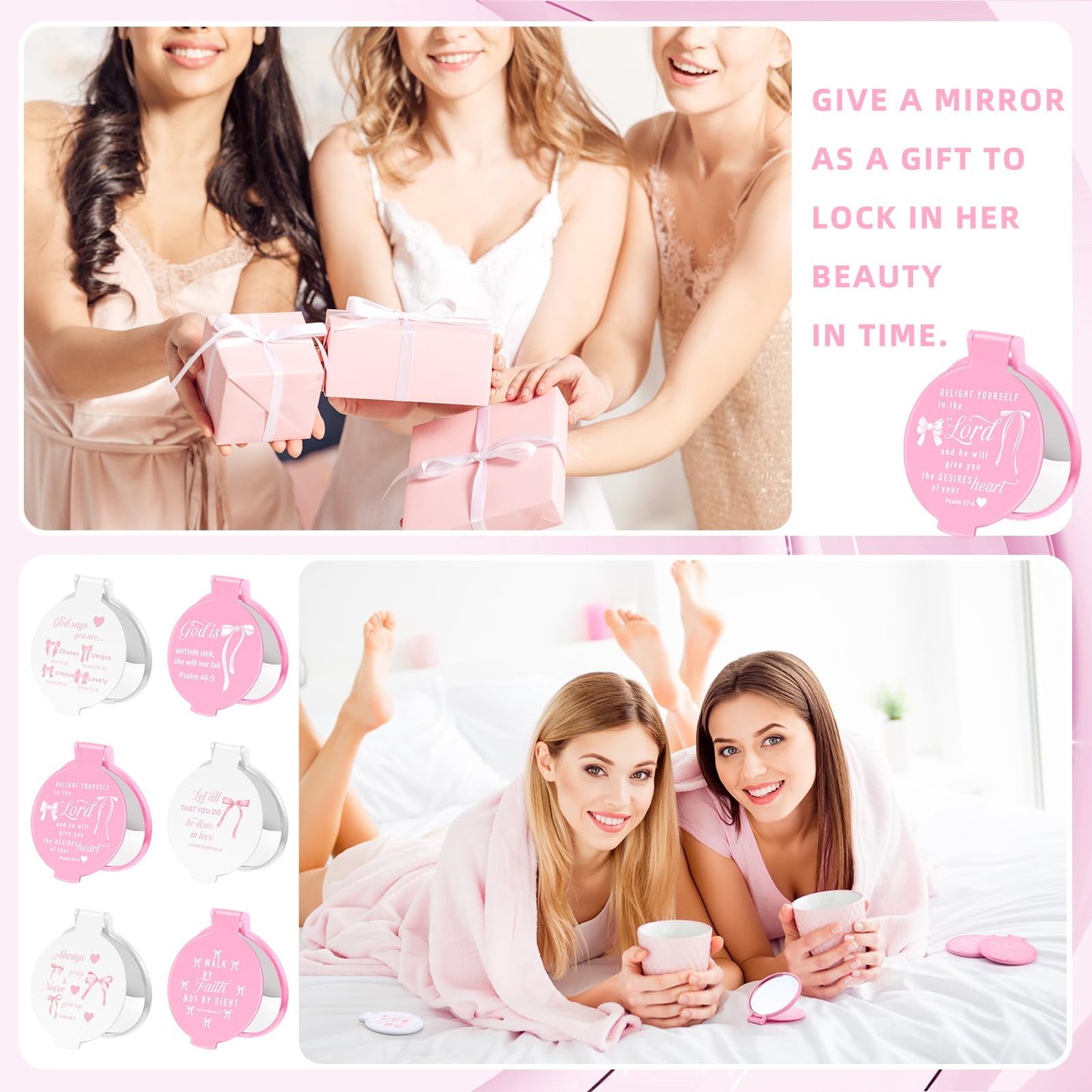 Namalu 36 Pcs Pink Bow Christian Compact Mirrors Bible Verse Mini Mirrors Pink Party Favors Coquette Gift Bulk Makeup Pocket Mirror Inspirational Christian Religious Gifts for Mother Women Church