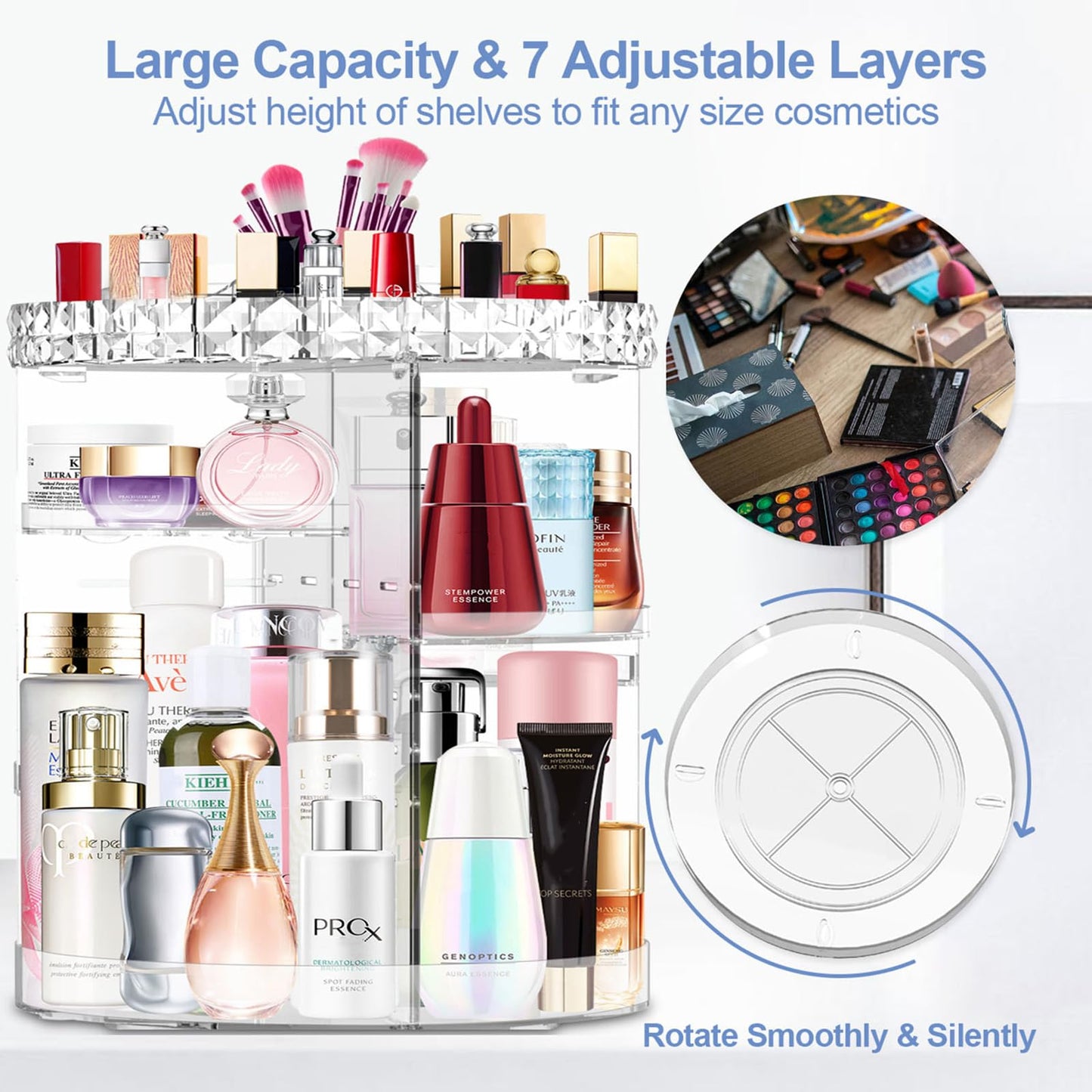 MISERWE 360 Degree Rotating Makeup Organizer, DIY Adjustable Makeup Carousel Spinning Holder Rack, Large Capacity Cosmetic Brush Lipstick Storage Organizer Box for Vanity