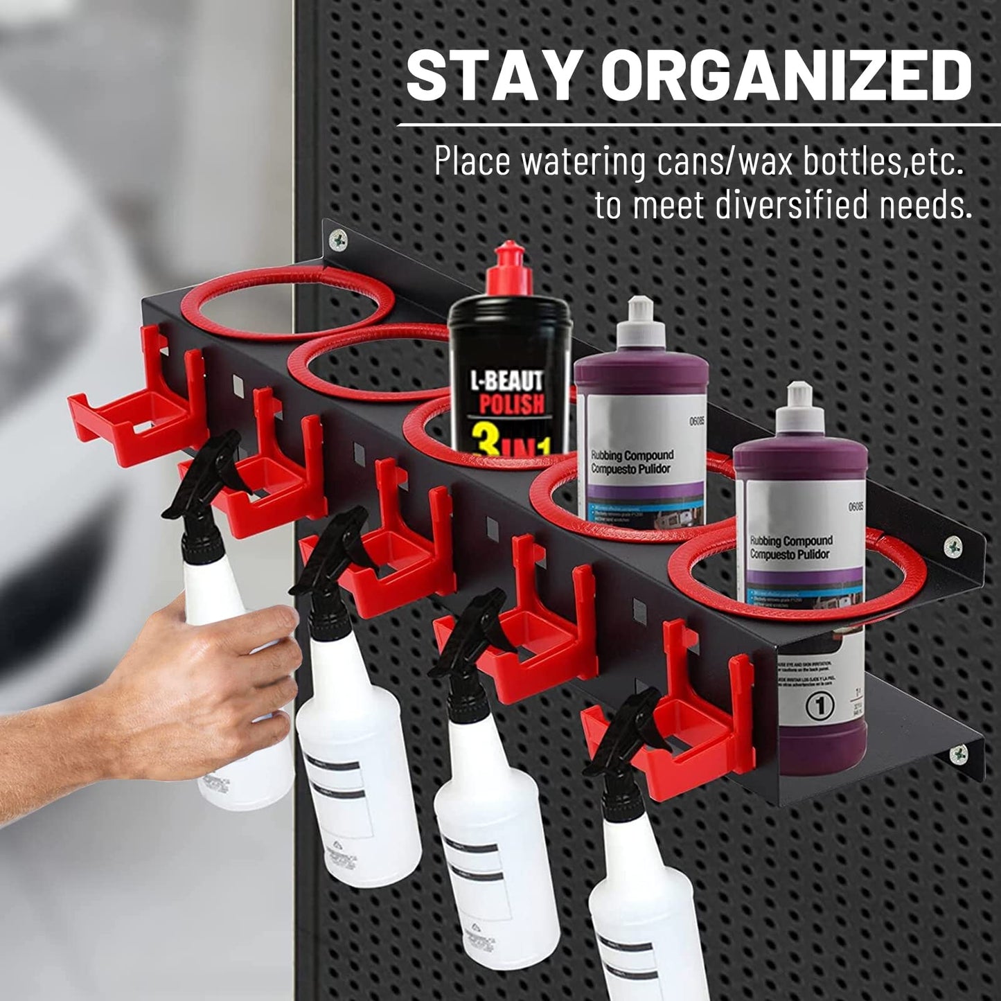 YTDTKJ Spray Bottle Storage Rack with Extra Abrasive Holder, Wall Mount Hanging Rail Car Beauty Shop Accessory Display Auto Cleaning Detailing Tools Hanger Bottle Organizer