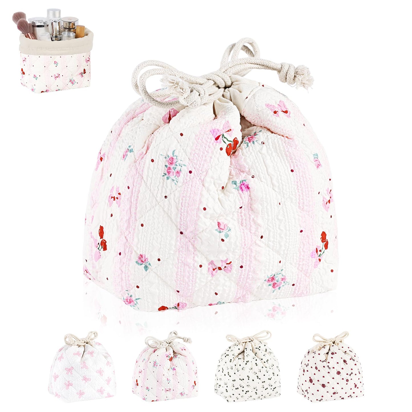 Playexen Quilted Drawstring Makeup Bag, Coquette Small Cosmetic Bag for Purse, Portable Cute Travel Makeup Pouch for Women Daily Use/Birthday/Party/Christmas (Big-BowCherry+Floral)
