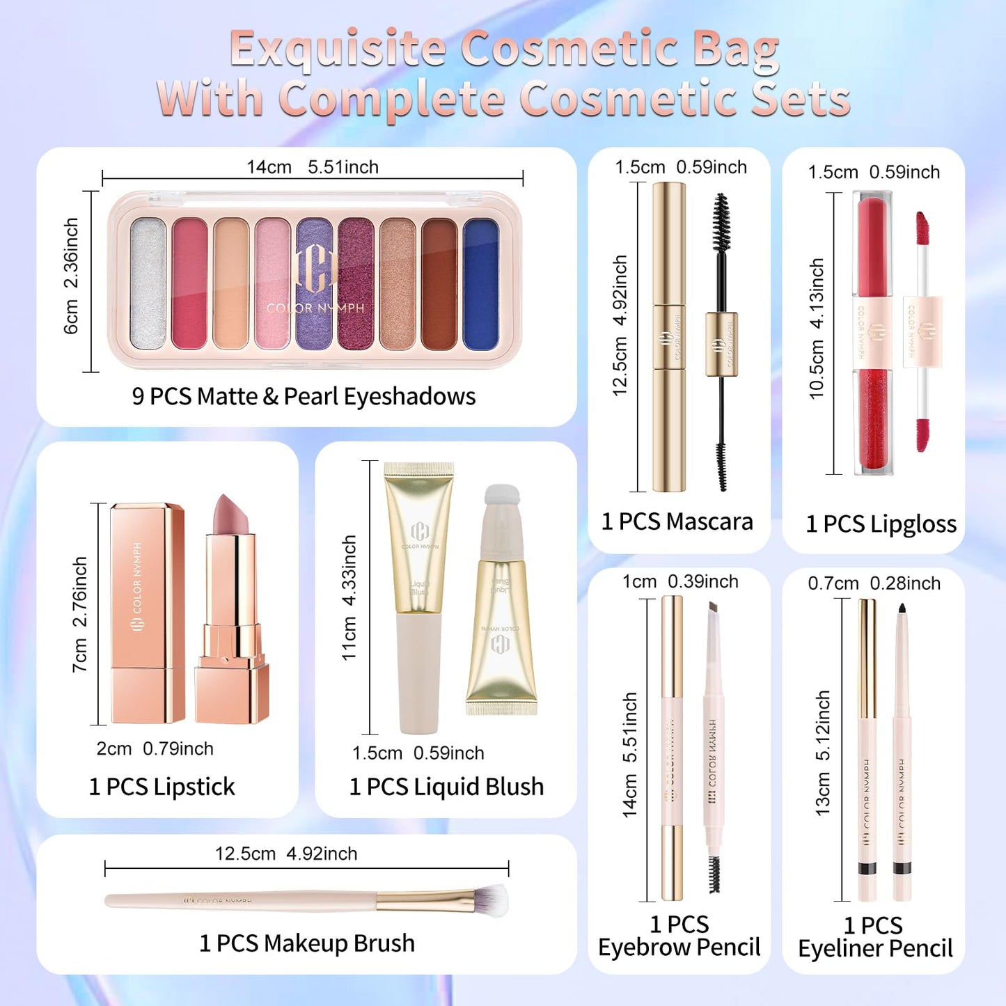 Color Nymph Makeup Kit for Women, Girls Beginner All In One Makeup Set with Sequin Bag, 9-Color Eyeshadow Palette, Lip Gloss, Eyeliner, Mascara - Orange Blue, Sparkling Party Wedding Evening Bag