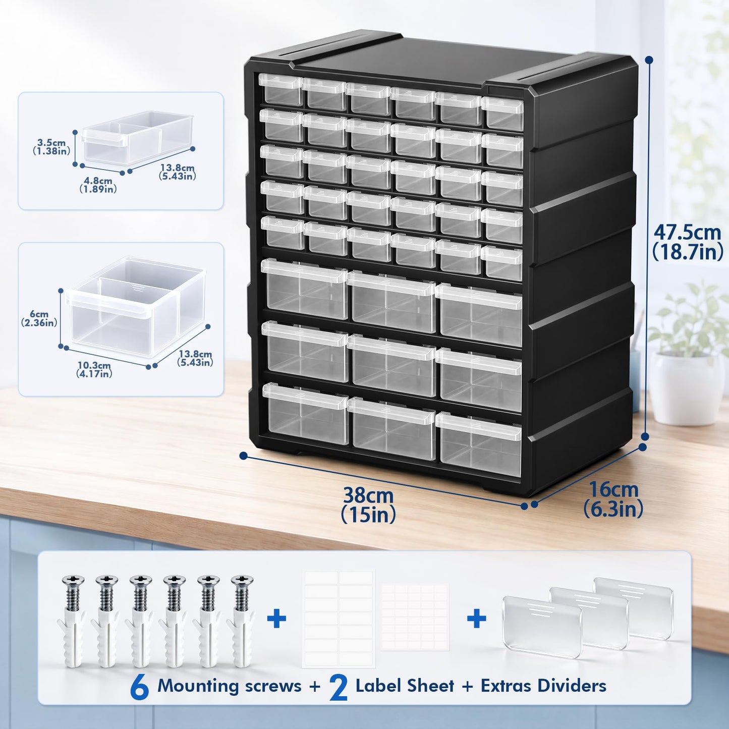 PurKeep Drawer Organizer for Garage Building Bricks Storage,Thicker Craft Organizers Storage with Dividers Labels for Hardware,Screws,Nuts Bolts,Teacher Toolbox,Charms, Beads,Craft