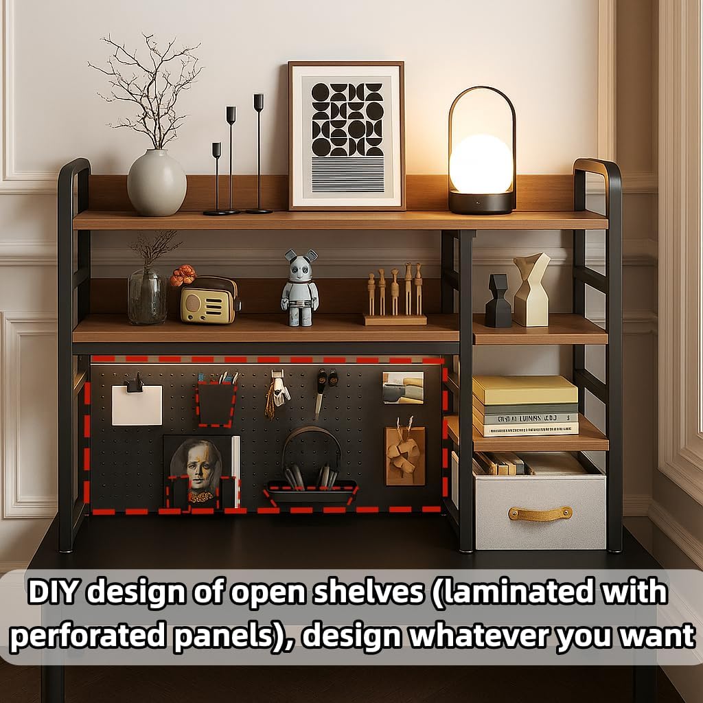 Desktop Bookshelf, pegboard Storage and Organization Rack, Dorm Desk Shelf, Desk Hutch, Desktop Storage for Office, Study, Student Display Rack,Desktop Shelves (Black+Walnut 53.1" Lx9.9 Wx37 H)