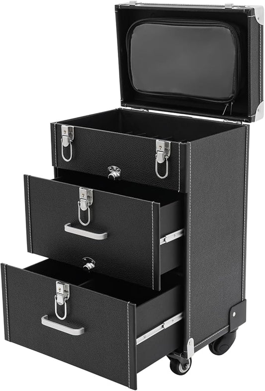 Rolling Makeup Case w/ 2 Keys, 3-tier Lockable Makeup Train Case w/ Drawers, Removable Baffle Nail Polish Organizer, Travel Cosmetic Case w/ 17.7in Telescopic Rod, 14.2*9*19.3in, Silver Latch+Black