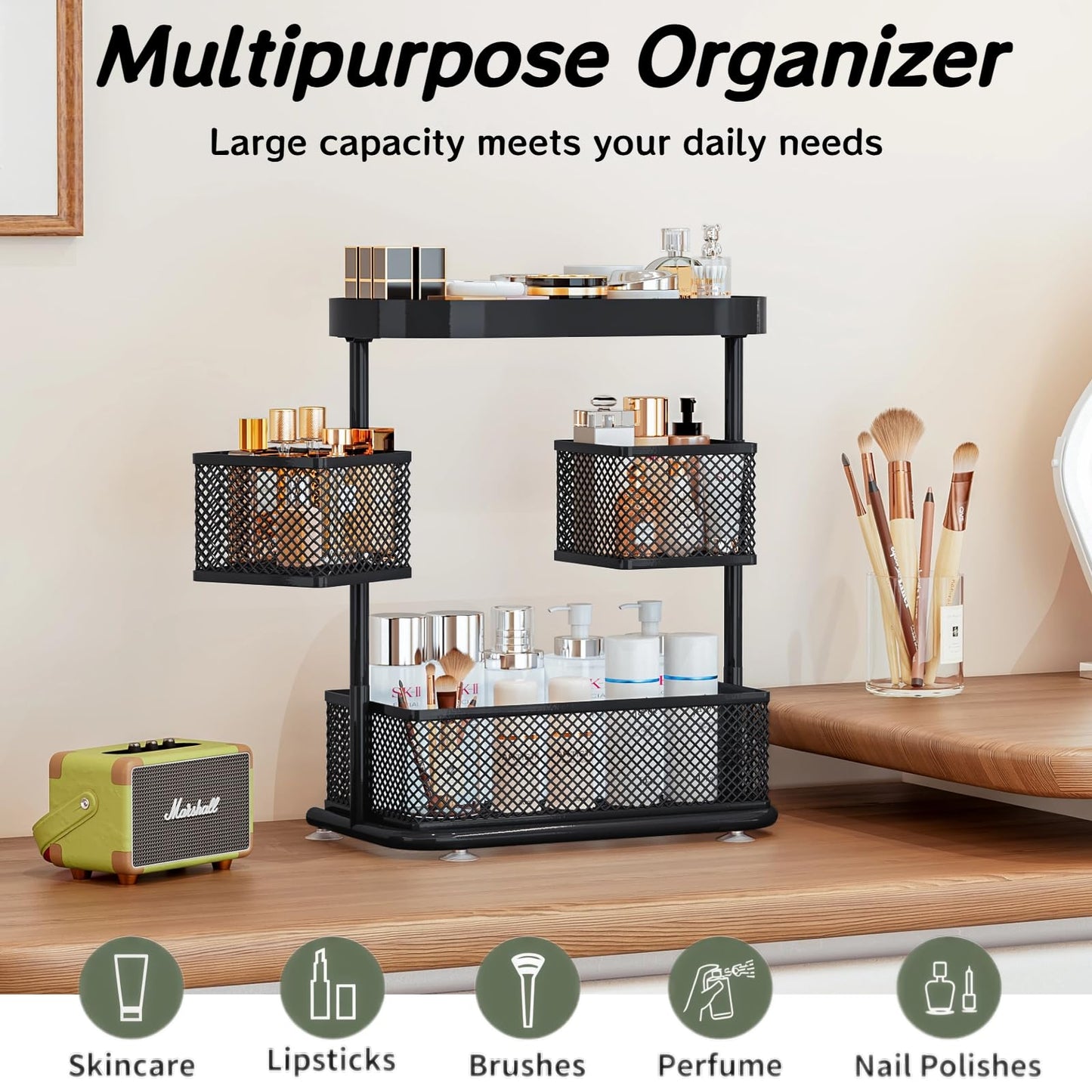 Dazioter 3-Tier Rotating Bathroom Organizer 360° Cosmetic Holder with Anti-Slip Base for Countertop, Vanity, Kitchen Spice Rack Metal Storage Shelf (Black)
