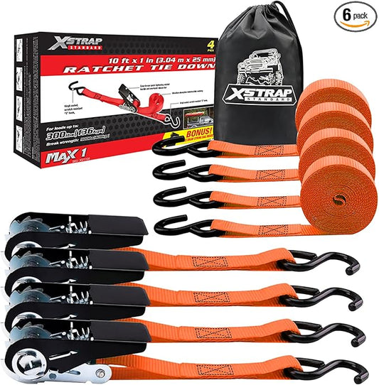 XSTRAP STANDARD Ratchet Tie Down Straps 4 Pk 10 Ft- 300 Lbs Load Cap- 900 Lbs Break Strength-Cargo Straps for UTV, ATV, Pickup,Truck, Moving Appliances, Lawn Equipment, Orange