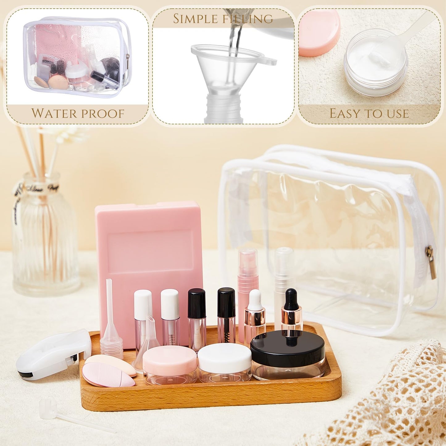 Maxdot 20 Pack Travel Makeup Containers Set Mini Makeup Brush Empty Bottles Kit with Finger Puff Spatulas Leak Proof Refillable Cosmetic Accessories for Liquid Toiletries Skincare Shampoo Mascara