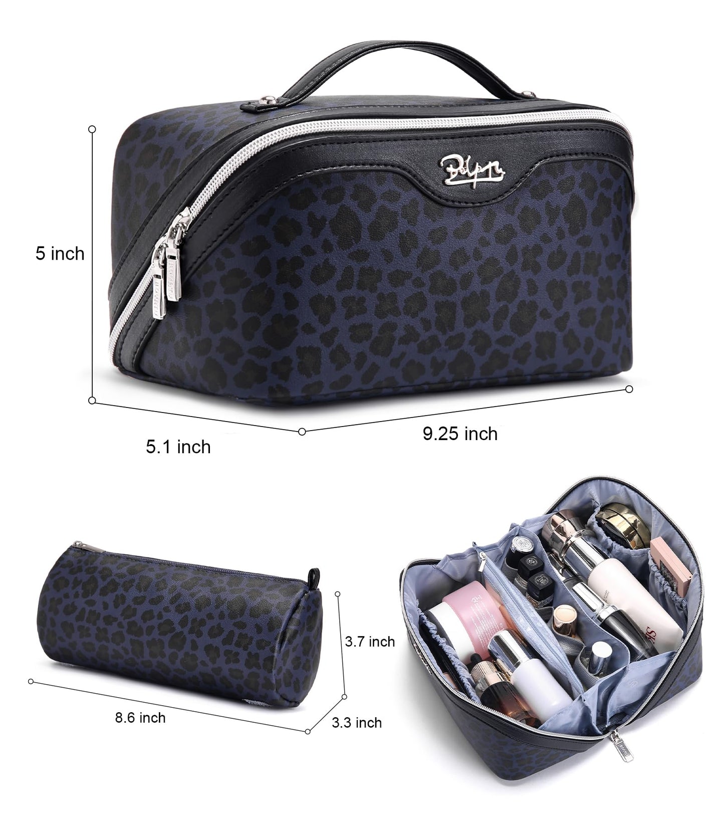 BOYATU Travel Makeup Bags Cosmetic Organizer Bag: 3 Pcs Set Large Capacity Make up Bag with Compartments - Waterproof Leather Toiletry Bags with Handle for Women (B-Blue)
