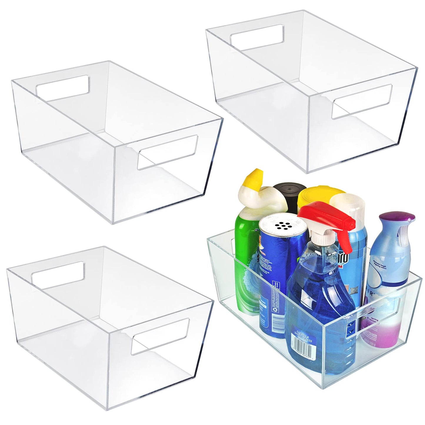 Azar Displays 556237 Large Clear Plastic Organizer Storage Tote Bin with Handle, Pantry Storage, Kitchen and Fridge Organizer, Cabinet and Drawer Container 11.25""W x 7.5""D x 5""H", 4-Pack