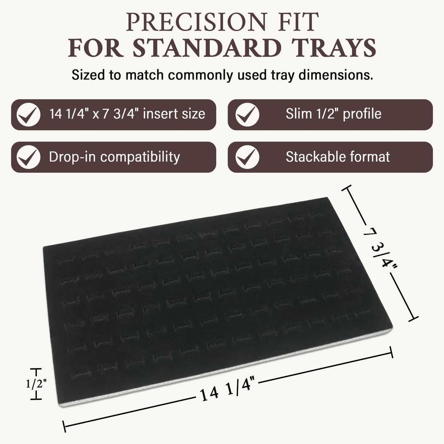 RJ Displays 72 Slot Black Ring Display Inserts for standard Jewelry tray size 14 1/4" x 7 3/4" x 1/2" Inch for Showcase, Counter top display. Micro Fiber polishing cloth included (Black, 2 Pack)