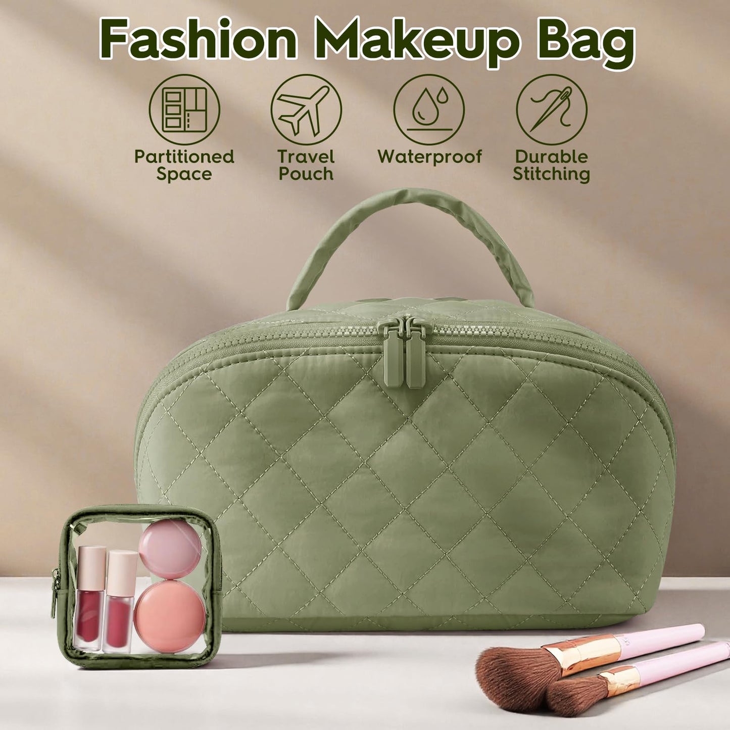 Kezzfpa Makeup Bag, Quilted Makeup Bag, Cosmetic Organizer Bag, Travel Makeup Bag, Waterproof Pouch Toiletry Bag for Women Makeup Organizer Case (Green)