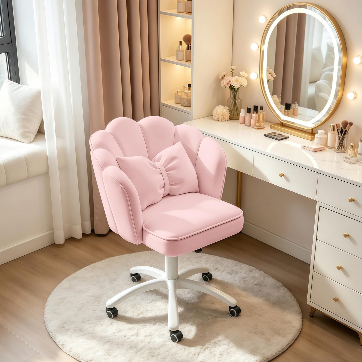 XUEGW Petal Desk Chair with Bow Cushion Velvet Vanity Chair with Wheels, Upholstered Home Office Chair for Girls Women, Mid-Back Swivel Computer Task Chairs for Living Room Bedroom