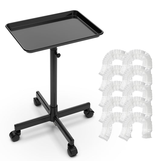 TASALON Rolling Salon Tray, Mobile Styling Station with Wheels Aluminum Rolling Tray Trolley for Salon Essentials, Adjustable Height or Hairstylist Tray with 10 PCS Disposable Salon Tray Cover