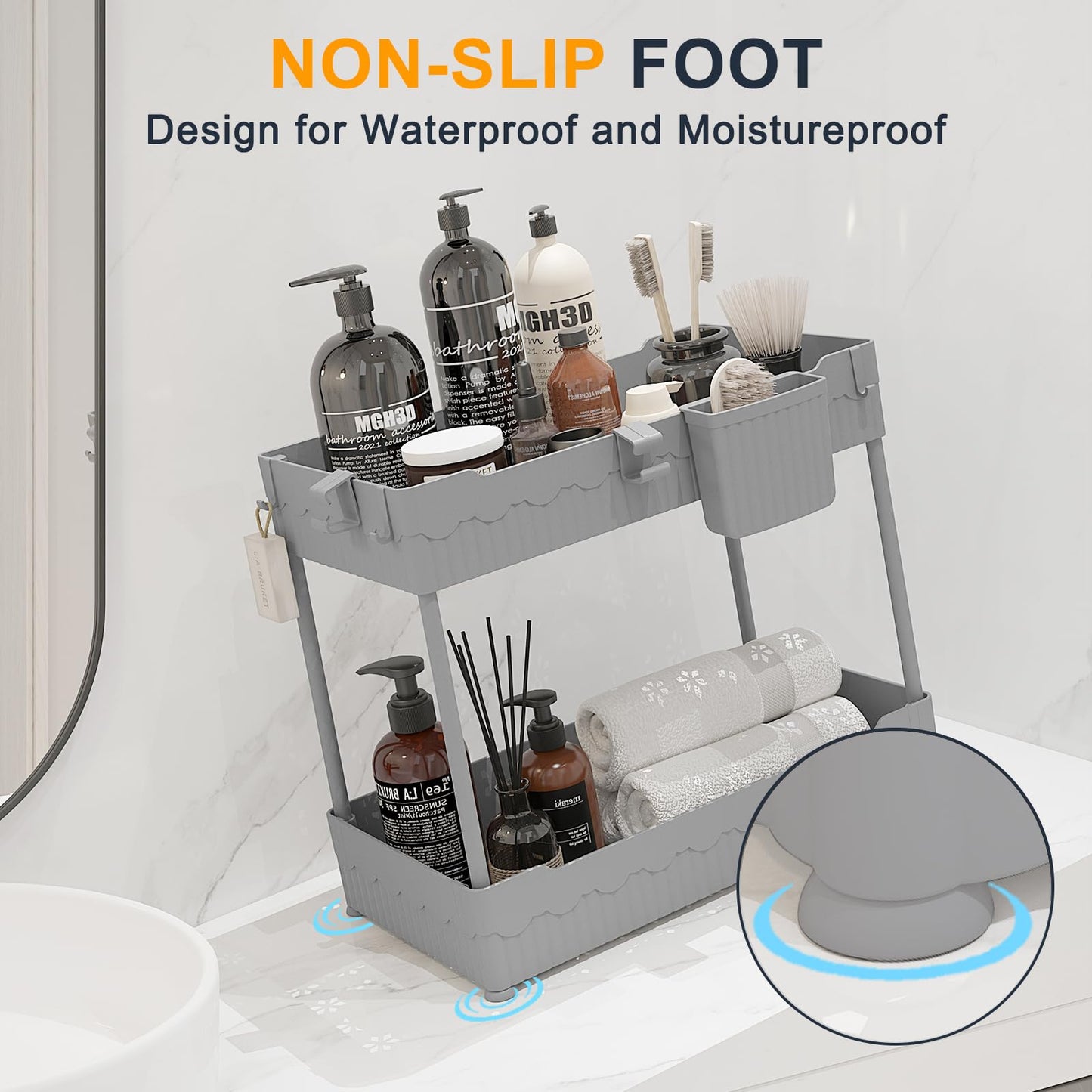 Sevenblue 2 Pack Under Sink Organizer, Under Bathroom Cabinet Organizer with Hooks Hanging Cup, Multi-Purpose Storage Shelf for Kitchen Bathroom (Gray, 12.8 Inch)
