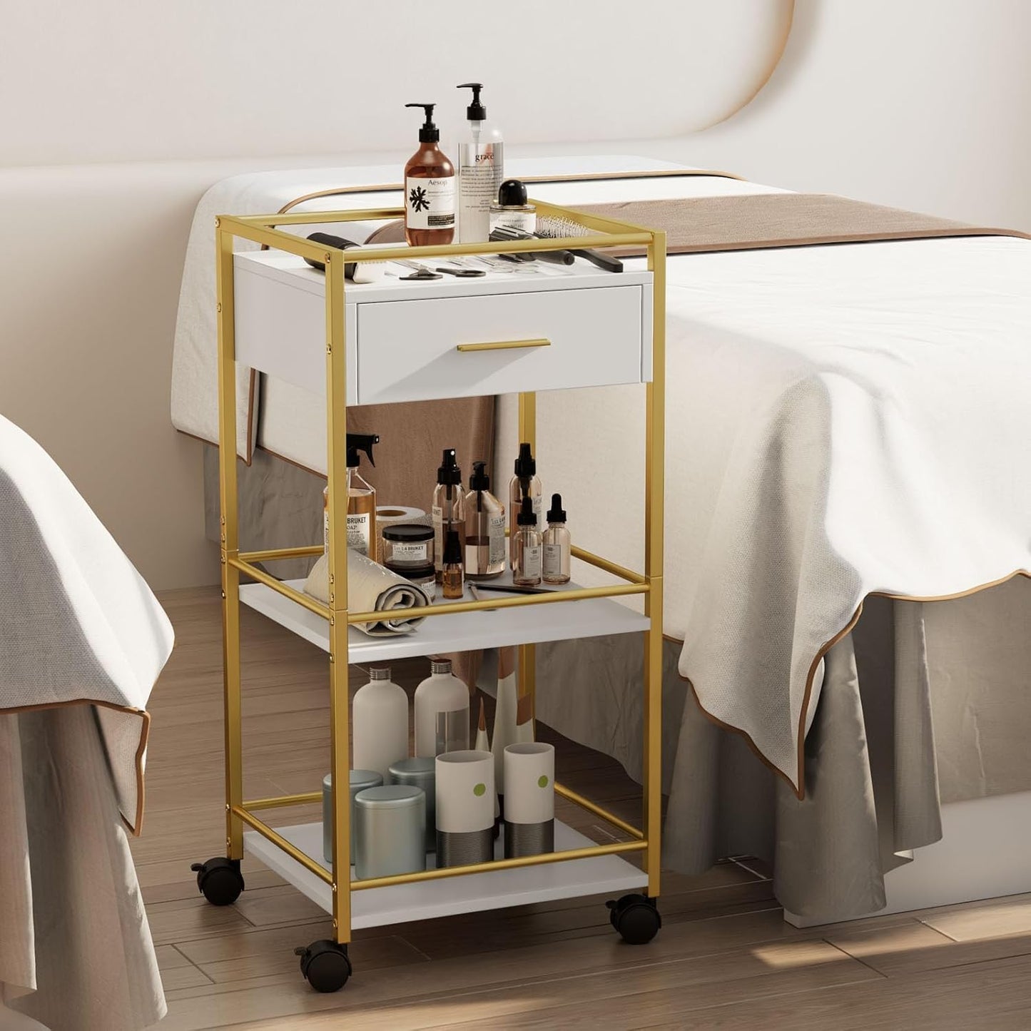 Salon Trolley Cart with Wheels, 3 Shelves & 1 Drawer, Mobile Hair Stylist Station for Tools Storage, Rolling Organizer Cart for Barber & Tattoo Supplies, Durable, Sturdy & Easy to Move