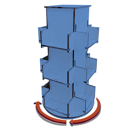 Rotating Display Stand, 3 Tier Wooden Organizer, 4-Sided Display Rack, 360 degree Spinning Multi-Pocket Tabletop Display Stand for Coasters, Stickers, Retail, Showcase, Tradeshow, 17”H, Blue
