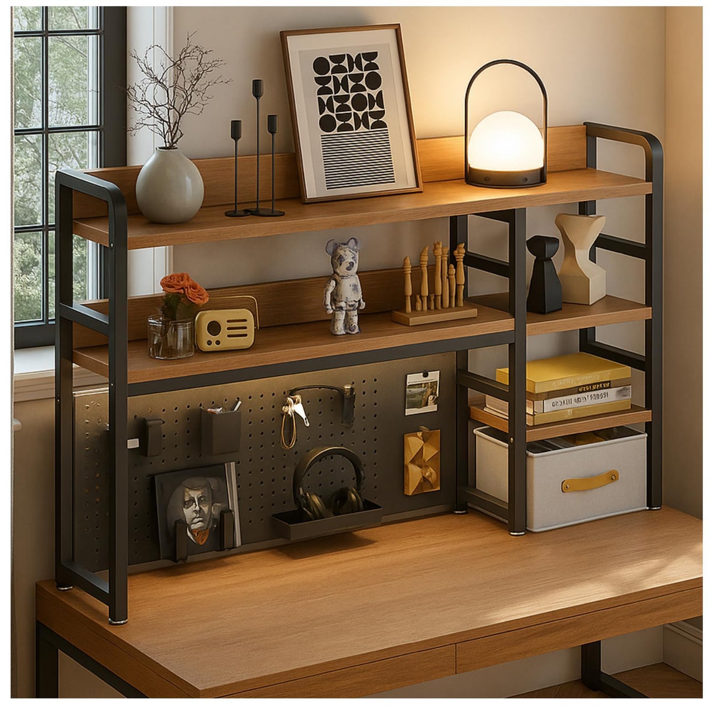 Desktop Bookshelf, pegboard Storage and Organization Rack, Dorm Desk Shelf, Desk Hutch, Desktop Storage for Office, Study, Student Display Rack,Desktop Shelves (Black+Walnut 53.1" Lx9.9 Wx37 H)