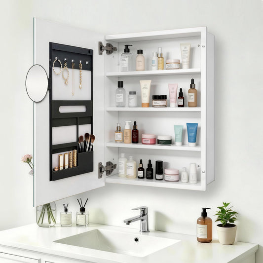 FUMANGO 22"x30" Medicine Cabinet,Bathromm Mirror Cabinet with 2X Magnifying Mirror,Soft Closing Hinge,A Mirror Cabinet with a Bevel,Recessed or Surface Mount,White