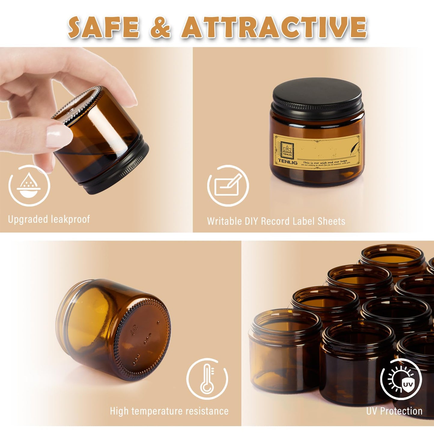 TENLIG 2 oz Glass Jars with Lids,Amber,12 Pack Empty Cosmetic Containers with Inner lids and Inner Liners,Black Metal Lid,Refillable Round Airtight Jars,Use to store Lotion,Powders,Candle Making