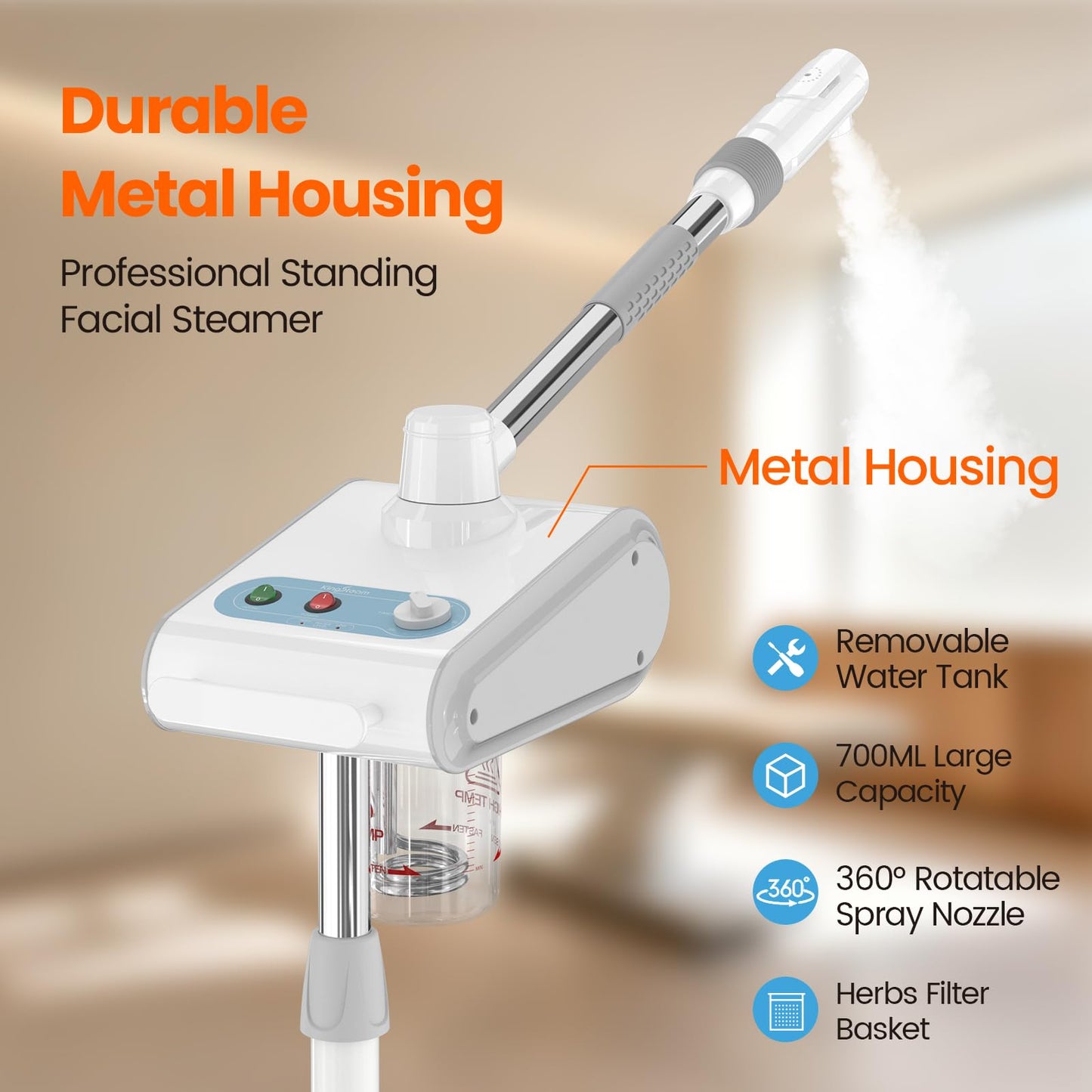Kingsteam Professional Nano Ionic Facial Steamer with Ozone – 700ml Large Capacity Stand Facial Steamer for Deep Pore Cleansing, Hydration and 60 Min Timer for Salon, and Home Skin Care Use